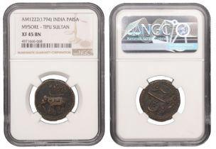 India, MYSORE, Tipu Sultan, Paisa, Patan, AM1222 [1794-5] (Henderson 126; KM 123.11). Good v...