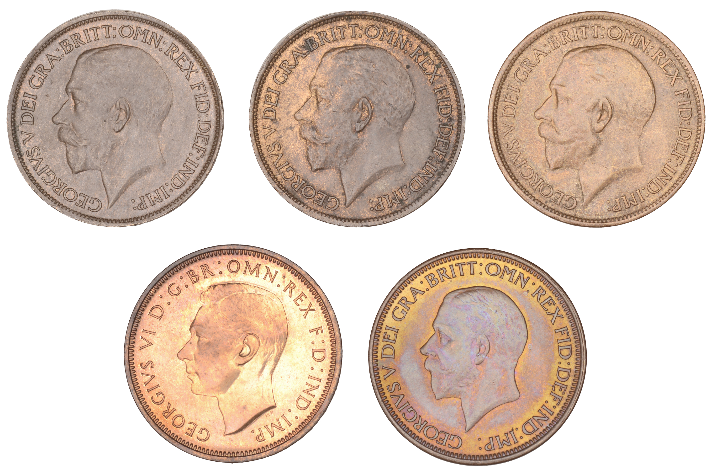 George V, Halfpennies (4), 1914, 1918, 1919, 1936 (S 4056, 4058); George VI, Proof Halfpenny...