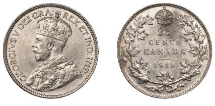 Canada, George V, 25 Cents, 1915 (KM 24). Lightly cleaned, faint scratches on obverse, other...