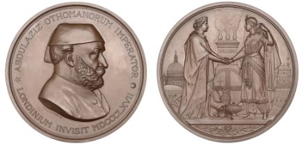 Visit of Abdul Aziz, Sultan of Turkey, to the City of London, 1867, a copper medal by J.S. a...
