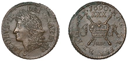 James II, Gunmoney coinage, Halfcrown, 1690 June, Limerick, 11.18g/1h (Timmins 1A; S 6580D)....