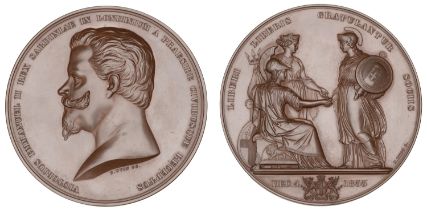 Reception of Victor Emanuel II of Sardinia at the Guildhall, 1855, a copper medal by B. Wyon...