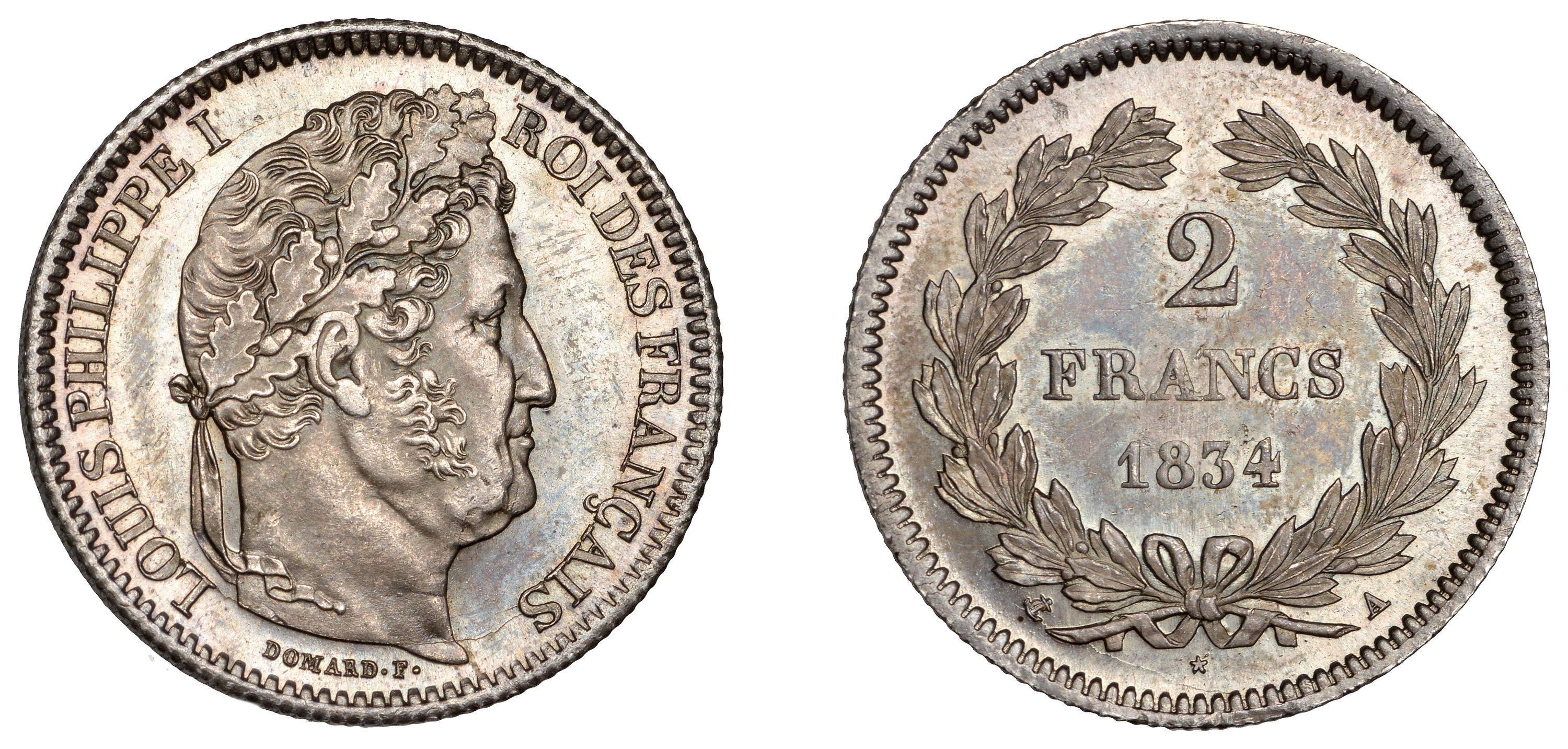 Louis Philippe, 2 Francs, 1834a, Paris (Gad. 520; KM 743.1). Toned, extremely fine Â£100-Â£120