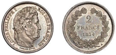 Louis Philippe, 2 Francs, 1834a, Paris (Gad. 520; KM 743.1). Toned, extremely fine Â£100-Â£120