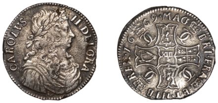 Charles II, First coinage, Merk, 1669, leaved thistle below bust, no stops on obv., 5.89g/12...