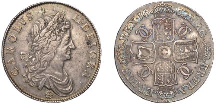 Charles II (1660-1685), Crown, 1662, first bust, rose below, edge undated, striped cloak, 6h...