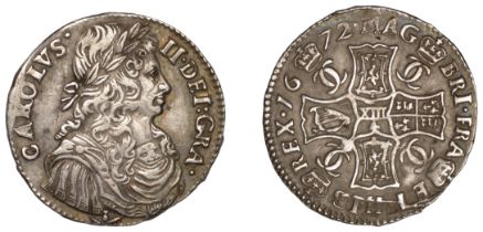 Charles II, First coinage, Merk, 1672, leaved thistle below bust, reads dei :, 6.19g/12h (Mu...