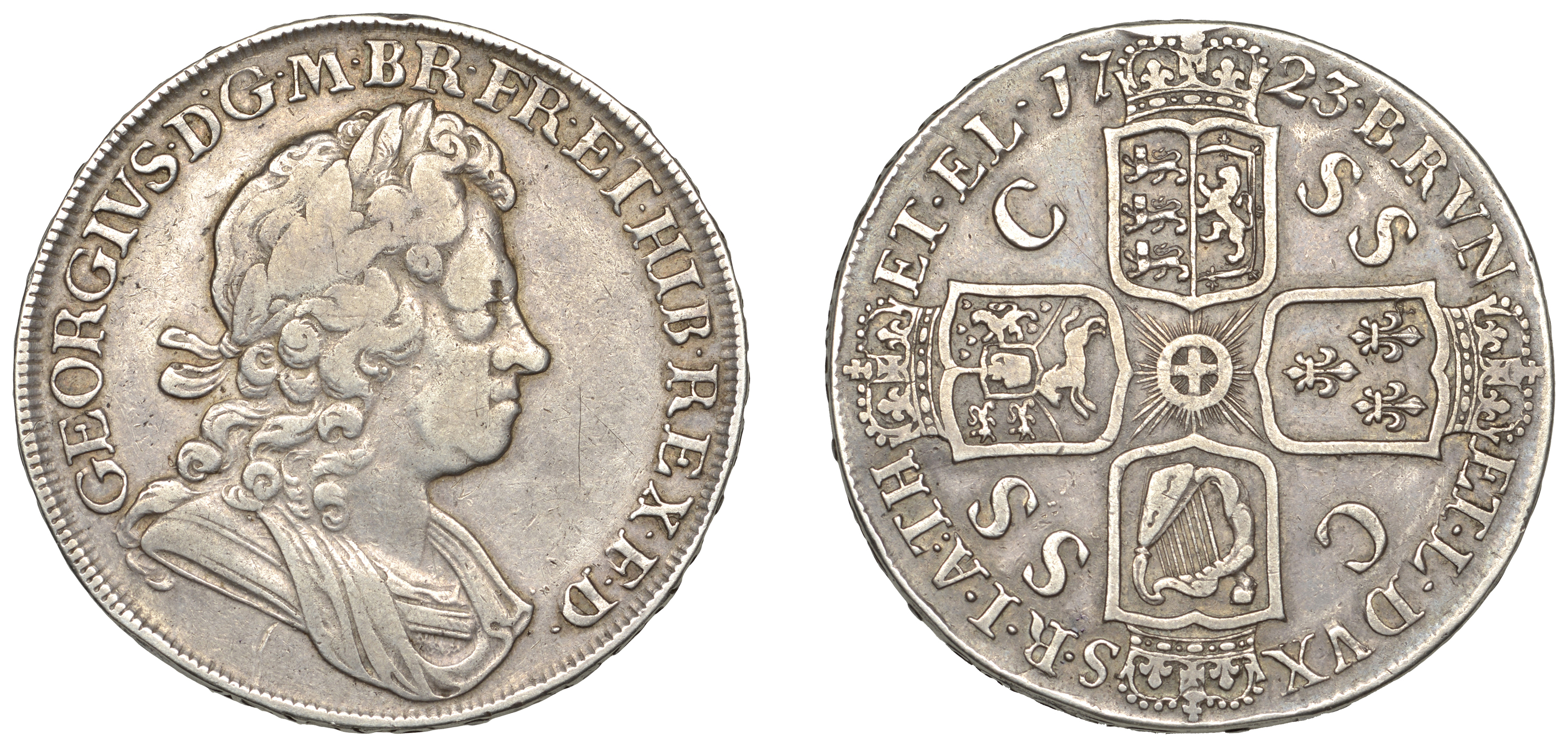 George I (1714-1727), Crown, 1723 ss c, edge decimo (ESC 1545; S 3640). Small scratch beneat...
