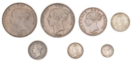 Victoria, Sixpences (2), 1844, 1887; Threepence, 1887; Twopence, 1885; Pennies (2), 1841, 18...