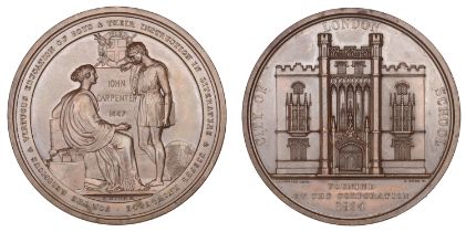 Foundation of the City of London School, 1834, a copper medal by B. Wyon, faÃ§ade of building...