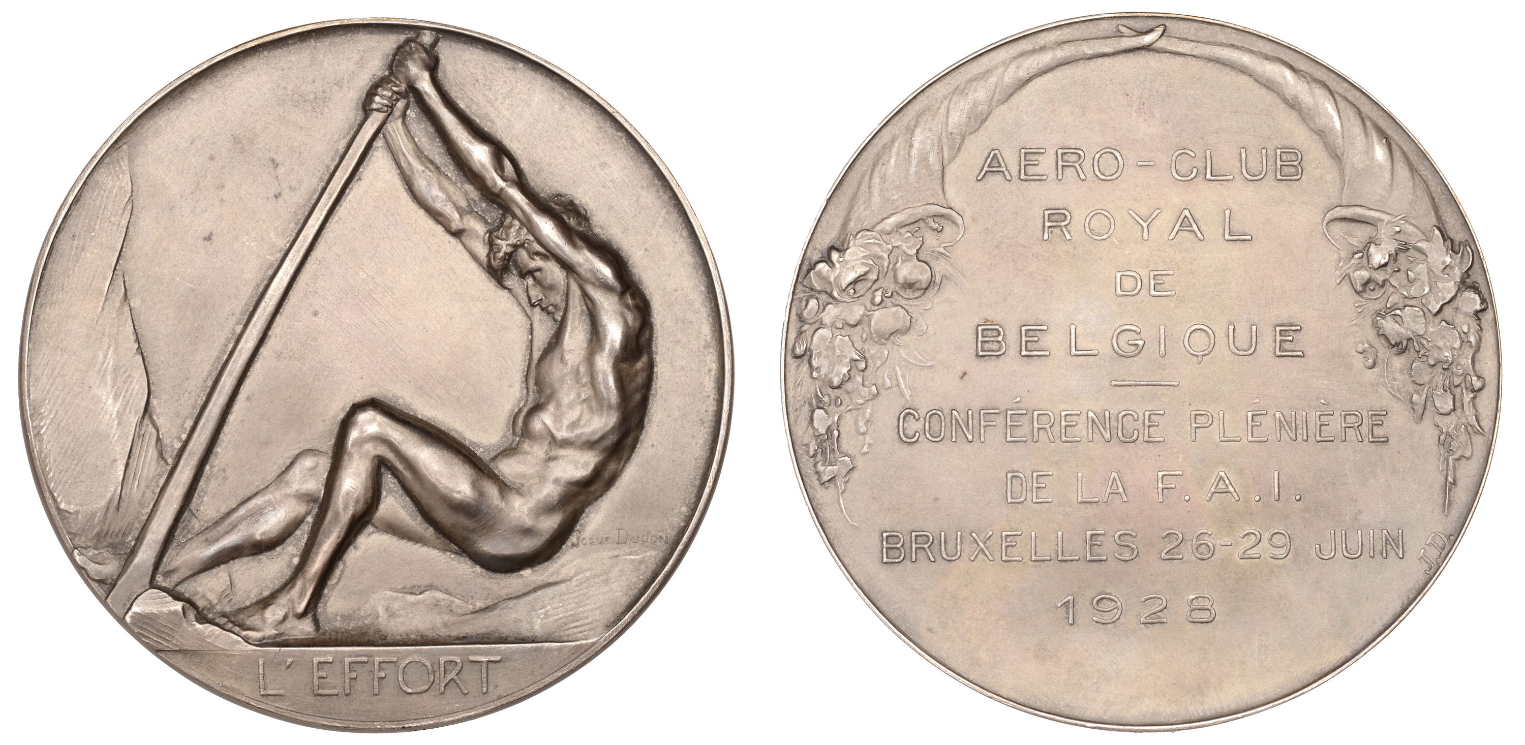 BELGIUM, Aero-Club Royal, L'Effort, 1928, a silver medal by J. Dupon for Fonson, nude male f...