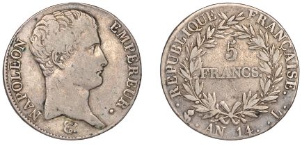 Napoleon I, 5 Francs, AN 14l, Bayonne (Gad. 580; KM 662.9). Fine, rare Â£100-Â£120