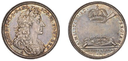 James II, Coronation, 1685, a silver medal by J. Roettiers, laureate bust right, rev. crown...