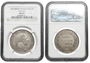 George III (1760-1820), Bank of England, Three Shillings, 1815 (ESC 2084; S 3770). Extremely...