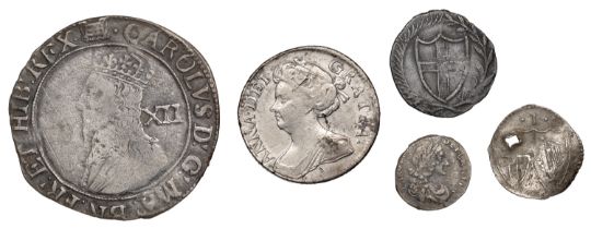 Charles I, Tower mint, Shilling, Gp D, mm. portcullis (S 2789); Commonwealth, Halfgroat and...