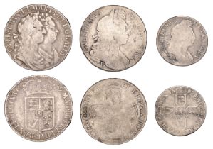 William and Mary, Halfcrown, 1689, first shield (S 3434); William III, Halfcrown, Exeter, da...