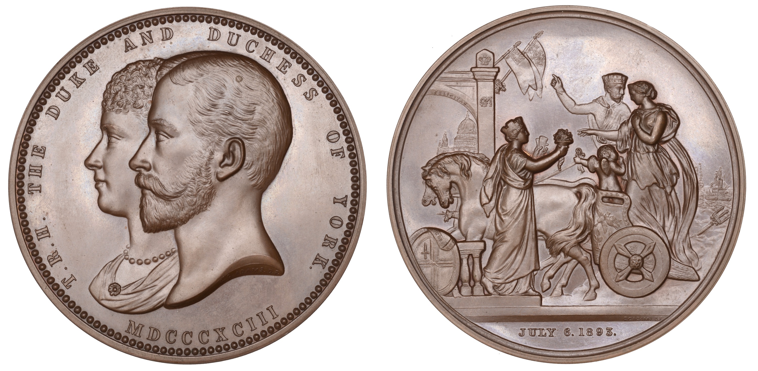Visit of the Duke and Duchess of York to the City of London, 1893, a bronze medal by G.G. Ad...