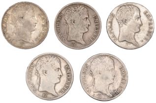 Napoleon I, 5 Francs (5), AN 14a, 1810a, 1810w, 1811a, 1812b (Gad. 580, 584) [5]. Varied sta...