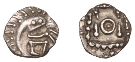 Early Anglo-Saxon Period, Sceatta, Continental series E, 'AZO' type, porcupine-like figure w...