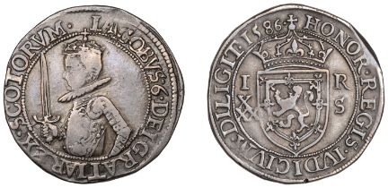 James VI, Fourth coinage, Thirty Shillings, 1586, half-length bust left, sword breaking inne...