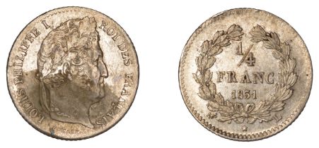 Louis Philippe, Quarter-Franc, 1831l, Bayonne (Gad. 355; KM 740.8). Minor discolouration on...