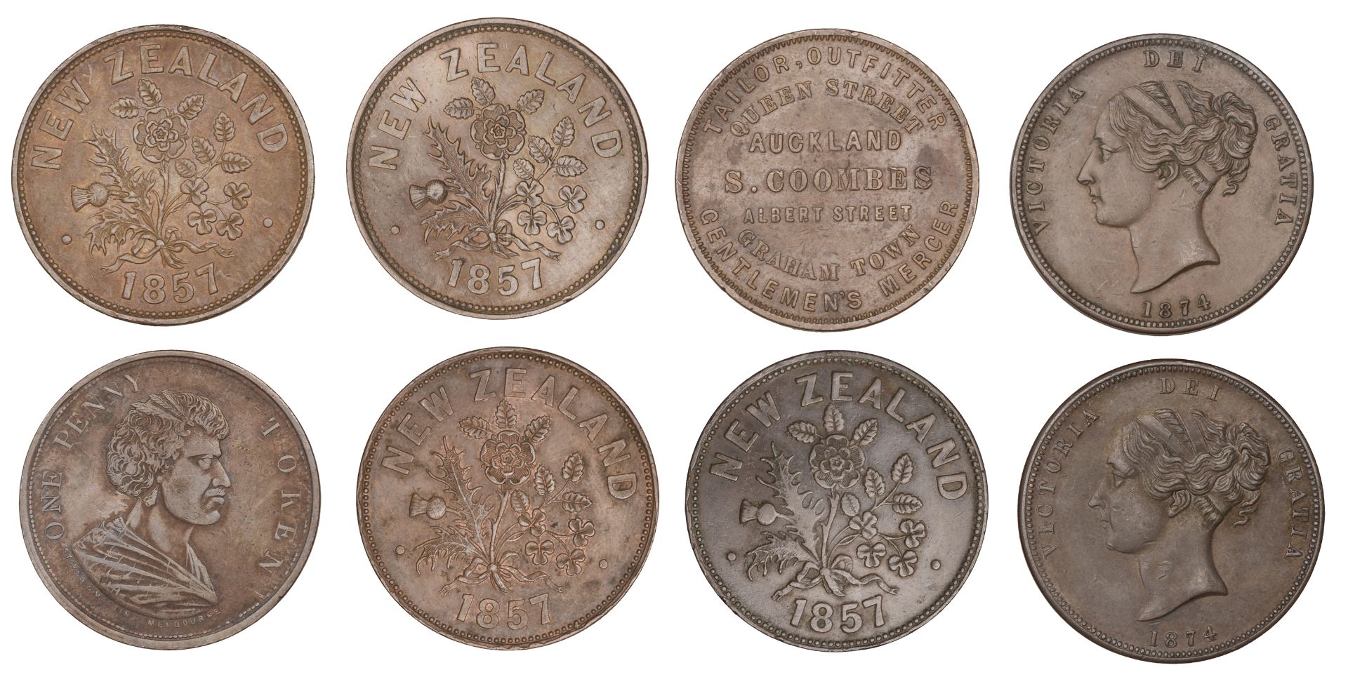 New Zealand, AUCKLAND, Samuel Coombes, Penny, undated (G 48a; A 77); M. Somerville, Pennies... - Bild 2 aus 2