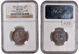 Jamaica , Victoria (1837-1901), Proof Halfpenny, 1887, struck in bronze (Prid. â€“; KM â€“). To...