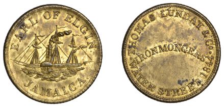 Jamaica, KINGSTON, Thomas Lundie & Co., brass token, 1844, edge grained left, 23mm (Lyall 19...
