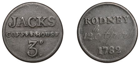 Great Britain, Jacks Coffee House, 1782, copper Threepence, obv. rodney 12th April 1782, 21m...