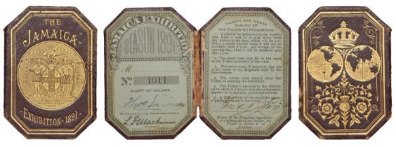 Jamaica, Jamaica International Exhibition, 1891, a maroon leather Season Ticket, the cover d...