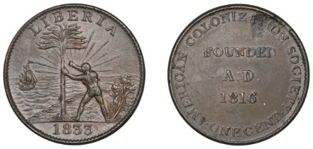 United States of America, American Colonization Society, copper Cent, 1833, freed slave hold...