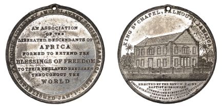 Jamaica, Falmouth Auxiliary Anti-Slavery Society, 1839, a white metal medal by J. Davis, leg...