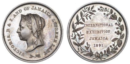 Jamaica, Jamaica International Exhibition, 1891, a silver medal by L.C. Wyon, diademed and v...