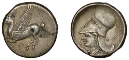 Greek Coinages, AKARNANIA, Leukas, Stater, c. 320-280, Pegasos flying left, Î» below, rev. he...