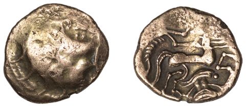 ARMORICA, Namnetes, base gold Stater, Phase III (1st century BC), stylised head right, hair...