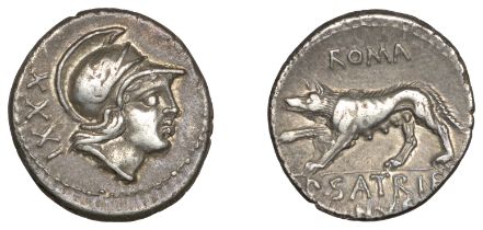 Roman Republican Coinage, P. Satrienus, Denarius, c. 77, helmeted head of Mars right, xxxi b...