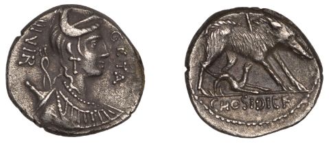 Roman Republican Coinage, C. Hosidius C.f. Geta, Denarius, c. 68, diademed and draped bust o...