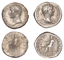 Roman Imperial Coinage, Hadrian, Denarii (2), both c. 128-9, revs. Indulgentia seated left,...