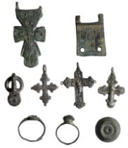 Byzantine, silver pendant crosses (3), 12th-16th century, depicting crucifixion, Greek inscr...
