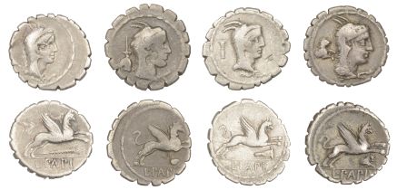 Roman Republican Coinage, L. Papius, serrate Denarii (4), c. 79, head of Juno Sospita right...