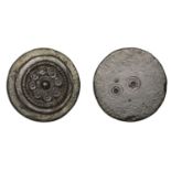 Anglo-Saxon, 6th century, bronze pressblech die for a disc brooch, 25mm diameter, 8.35g; dec...