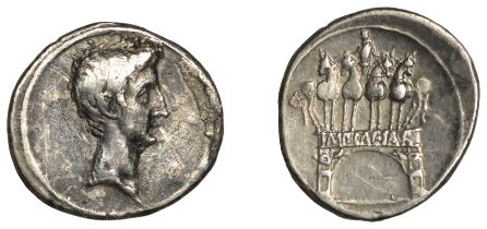 Roman Imperatorial Coinage, The Triumvirs, Octavian, Denarius, Rome?, 30-29, bare head right...