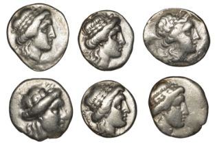 Greek Coinages, THESSALY, Thessalian League, Drachms (6), mid-2nd century BC, head of Apollo...