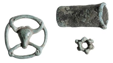 Bronze Age, c. 800 BC, socketed chisel, 36mm x 17mm, with a curved cutting edge; together wi...