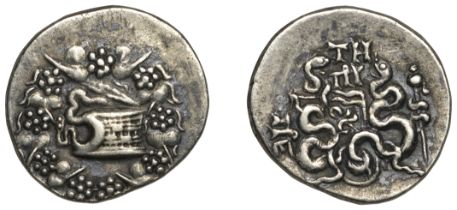 Greek Coinages, MYSIA, Pergamon, Cistophoric Tetradrachm, 75-67, cista mystica with serpent...