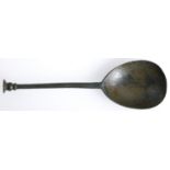 17th century, latten seal top spoon, c. 1620-30, 154mm x 46mm, pear-shaped bowl stamped with...