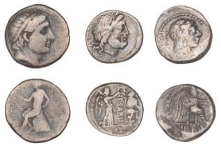 Roman Republican Coinage, M. Cato, Quinarius, male head right with ivy wreath, m cato behind...