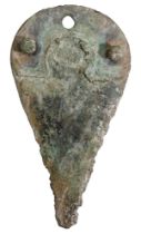 Bronze Age, c. 1200-800 BC, small knife, 75mm x 41mm, expanded curved butt with three rivet...