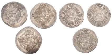Oriental Greek Coinage, SASANIAN, Khusraw II (591-628), Drachms (6): bn (Bamm?), yr 24, 4.06...