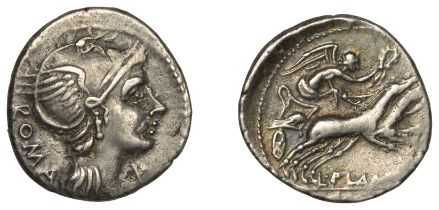 Roman Republican Coinage, L. Flaminius Cilo, Denarius, c. 109, head of Roma right wearing wi...